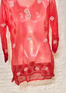 Hand Chikankari Tamato Red Top/ Short Kurta