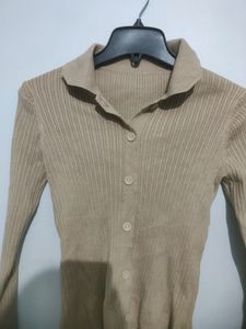 Collared Ribbed Button Detailed Top