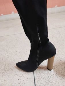Black Pointed-Toe Heeled Knee High Boots