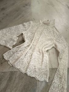 White Embroidered Lace High Neck Top