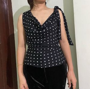Polka Dot Tie-Shoulder Top