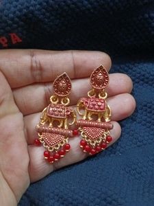 Elephant Earrings Red Moti Hangings