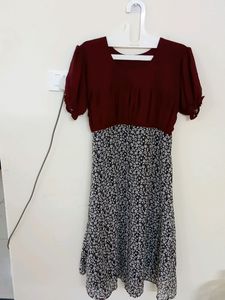 Meroon With Black Floral Dress