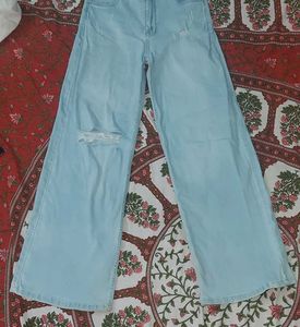 Wide Leg, Mid Rise, Light Blue, Ribbed Jeans