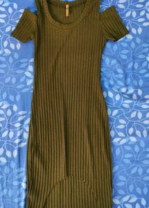 Olive Ribbed Cold Shoulder Dress