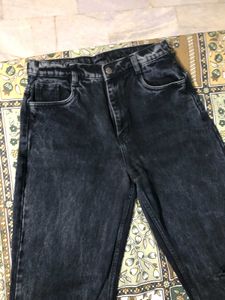High Waist Knee Ribbed Black Wide Leg Denim