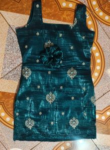 Dark Sea Green Tissue Crush Fabric Short Kurti