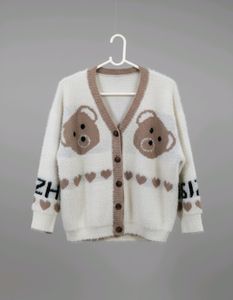 Imported women's V-neck fuzzy knit cardigan/sweate