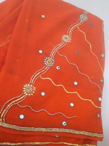 Orange Chiffon Saree With Mirror Work