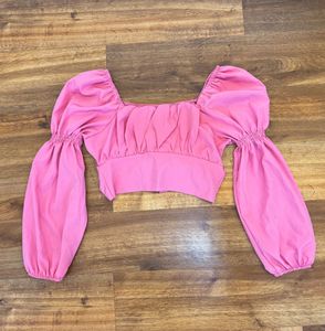 Pink Puff Sleeve Crop Top with Tie-Back Bow