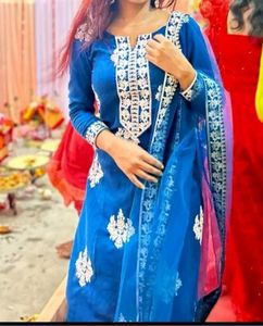 Teal Blue &amp; Motifs Embroidery Kurti Pant Dupatta