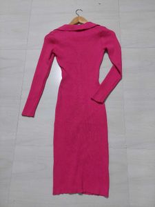 Women Pink Ribbed Midi Dress