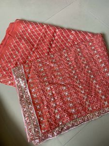 ❤🌸Beautiful Embroidered Coral Saree🎉