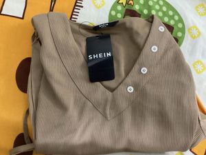 Shein puff sleeve Ribbed top -brown