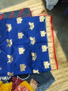 Blue &amp; Gold Bird Motif Saree
