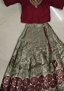 Girls Festive Maroon &amp; Gold Lehenga Set