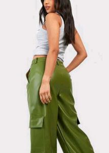 Green Faux Leather Cargo Pants