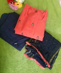 Coral & Navy Embroidered Kurta Set