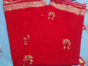 Red Worked Saree With Stitched Blouse