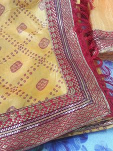 Yellow Bandhani Saree with Red Border❤‍🔥💛❤