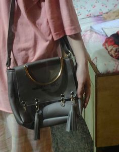 Gray Crossbody Bag with Gold Hardware