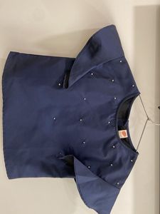 Elegant Navy Blue Pearl Embellished Top with Ruffl