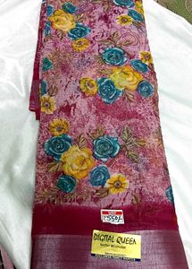 New Elegant Cotton Linen Floral Saree with Blouse