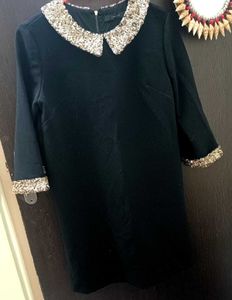 Elegant Black Dress with Sequin Collar & Cuffs