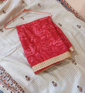 Embroidery Red Dupatta With Gold Zari Border