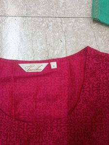 Pink Sleeveless Dress With Green Kurta On Top