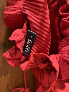 Koovs Red Ribbed Bodycon Dress with Ruffle Neck –