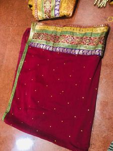 Gold &amp; Maroon Banarasi Silk Georget Lehenga Choli