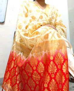 Cream &amp; Red A R SILK DUPATTA