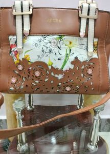 Floral-Accented Brown Satchel
