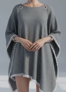Gray Pom-Pom Trim Cape Top