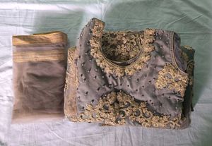 Grey &amp; Gold Embroidered Lehenga Choli