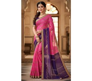 NEW -- Pink Saree Blue Pallu - with Blouse Piece