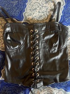 Black Corset Leather Crop Top