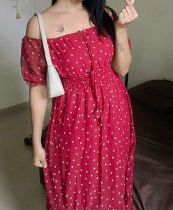 Red Polka Dot Off-Shoulder midi  Dress