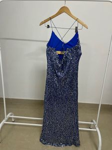 Backless Blue Sequins Strap Slit Midi Dress