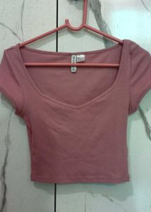 Pink Ribbed V-Neck Crop Top