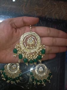 Bahara Maang Teeka Earrings Combo - Bottle Green