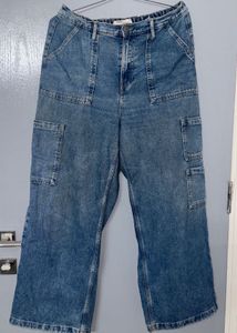 Wide Leg Denim Cargo Pants