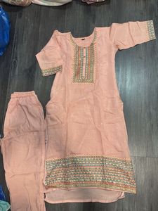 Peach Embroidered Kurti Pant Set