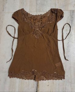 Brown Lace Embellished Top