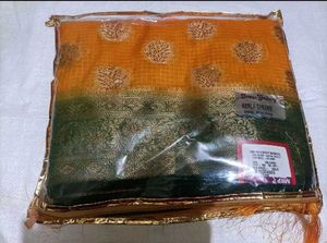 Yellow &amp; Green Polka Dot Saree