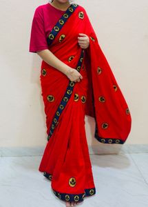 Red Saree With Blue Unstitched Blouse