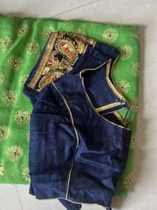 Green &amp; Navy Embellished Sari with Blouse