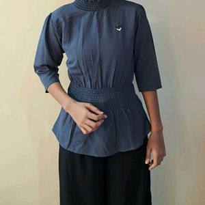 Elegant Gray Smocked Blouse