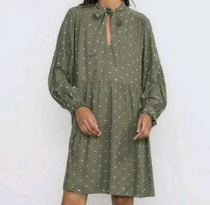 Zara Olive Green Tiered Tie Neck Dress